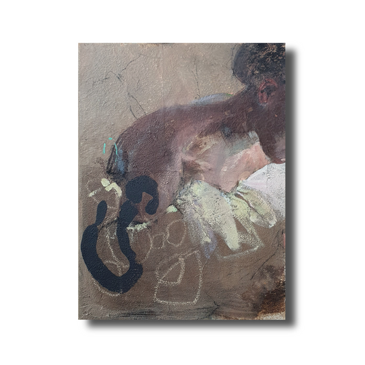 Mixed Media Gemälde auf Leinwand in bräunlichen Tönen, mit Einsatz von Kaffeekörnern und -Filtern, grober Ölkreide, Kohle und Acryl. Der Kontrast zwischen zarten und groben, zwischen kontrollierten und wilden Elementen ist in diesem Bild besonders stark. Gerahmt in eine passende stilvolle Schattenfuge aus Eiche. 