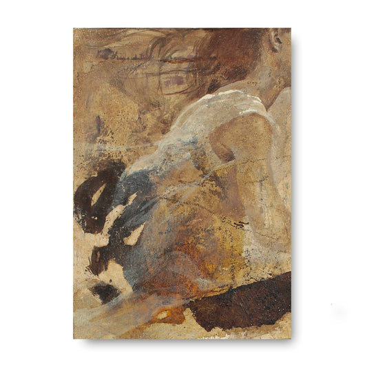 "Brief Season" abstraktes Portrait einer Frau, Mischtechnik mit Kaffeekörnern, Ausstellung Die Geduld der Dinge in Darup April bis Juli 2026
